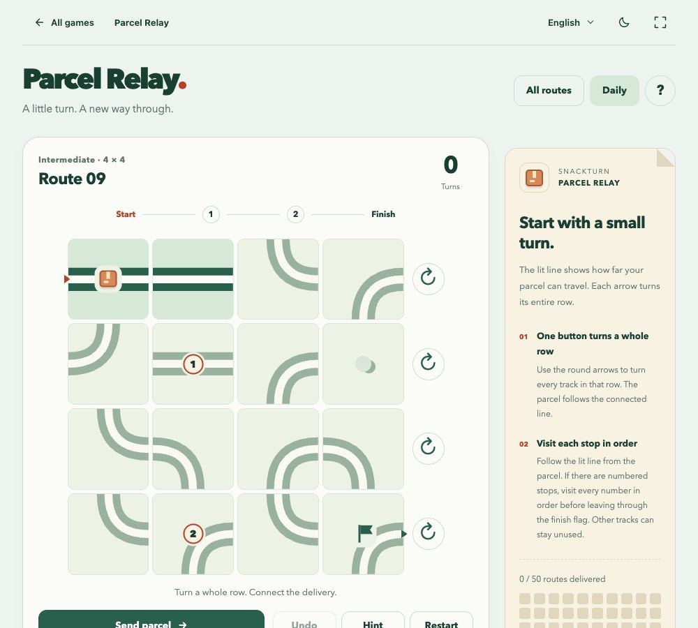 Parcel Relay board with a rotate button at the right of every row, a parcel at the start and a flag at the finish.